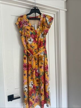 DR2 Yellow Floral V-Neck Midi Dress with Pink & White Blooms